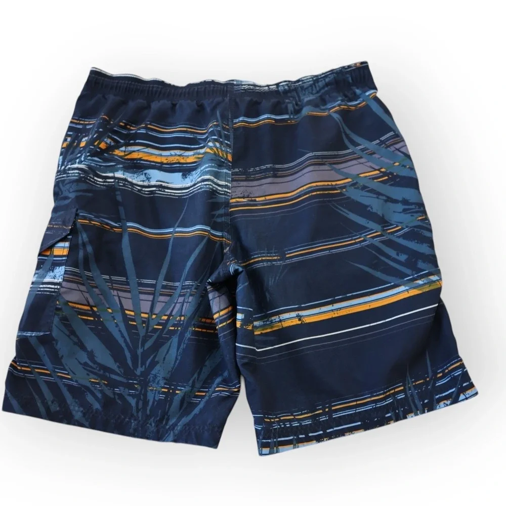 Speedo Mens Board Shorts Navy Blue Orange Tropical Palm Stripe Swim Trunks L‎